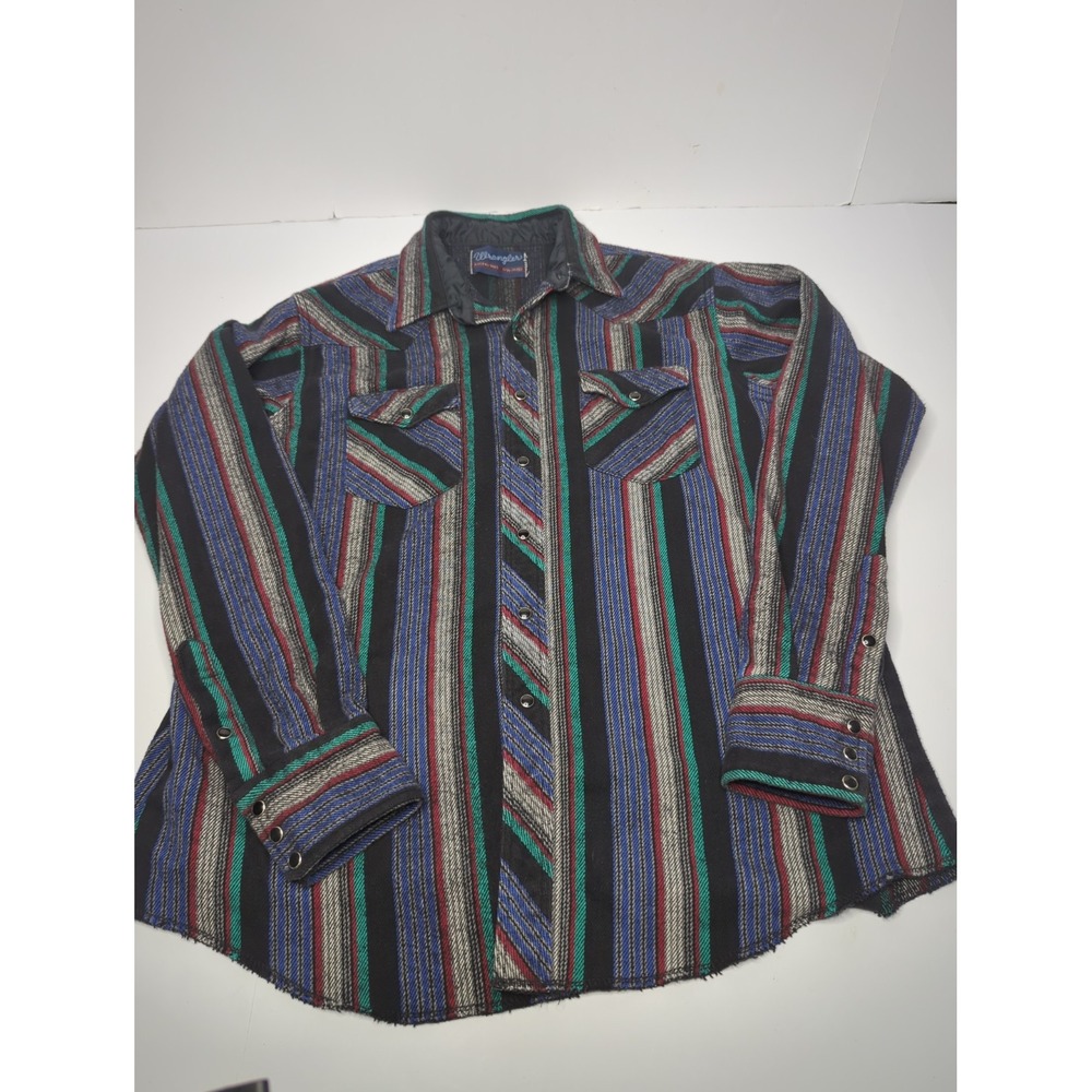 Vtg 80s Wrangler Pearl Snap Western Shirt Mens XL 17.5 x 36 X-Long Tails